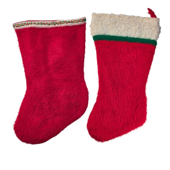 Vintage 60s 70s Red Fuzzy Christmas Stockings Set of 2 Sherpa & Trimmed Cuff MCM - Picture 2 of 7